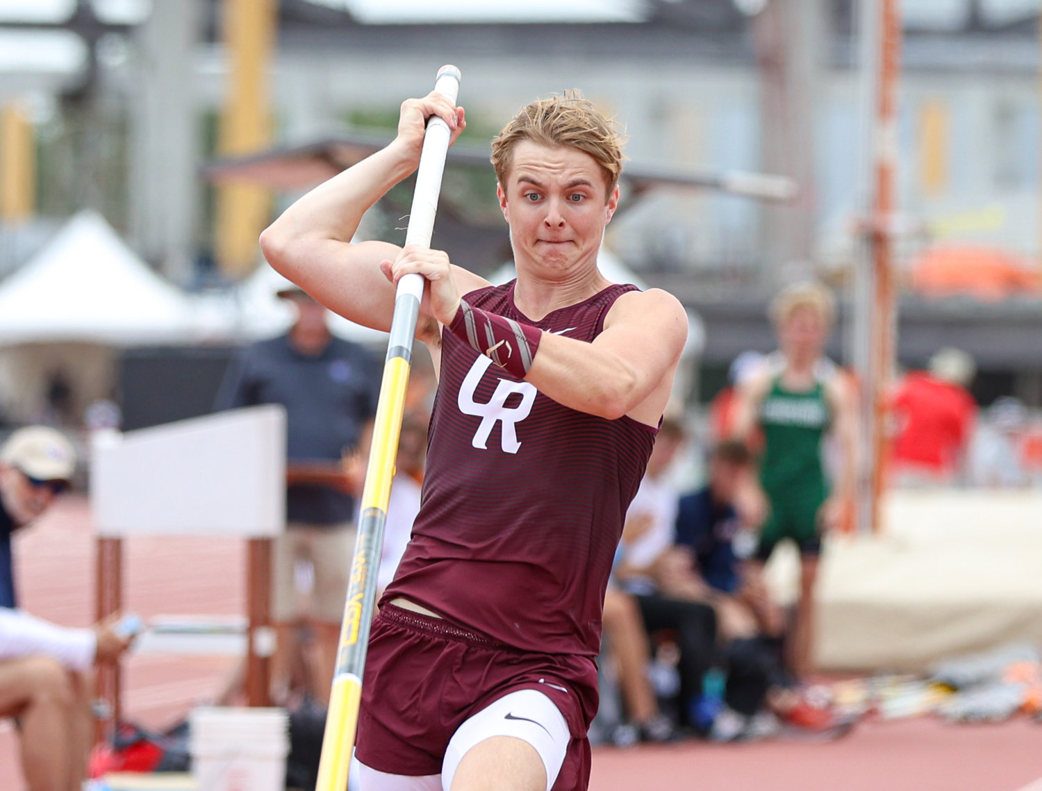 William Saxman of Cinco Ranch High School competes in the Class 6A boys pole vault event at the UIL State Track and Field Meet on May 7, 2021 at Mike A. Myers Stadium in Austin, Texas. Saxman finished fourth in the event with a vault of 15-6.00.